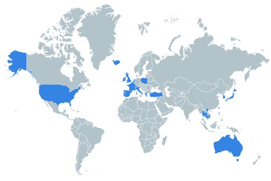 A world map with countries colored in to indicate which ones I’ve visited