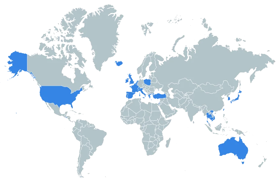 A world map with countries colored in to indicate which ones I’ve visited