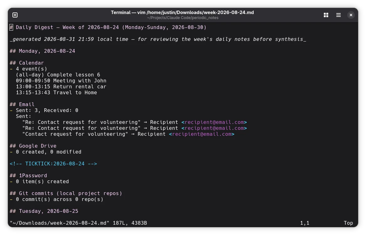 Screenshot of the weekly digest’s merged markdown output.