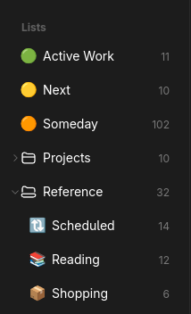 Screenshot of lists in a task manager called TickTick.